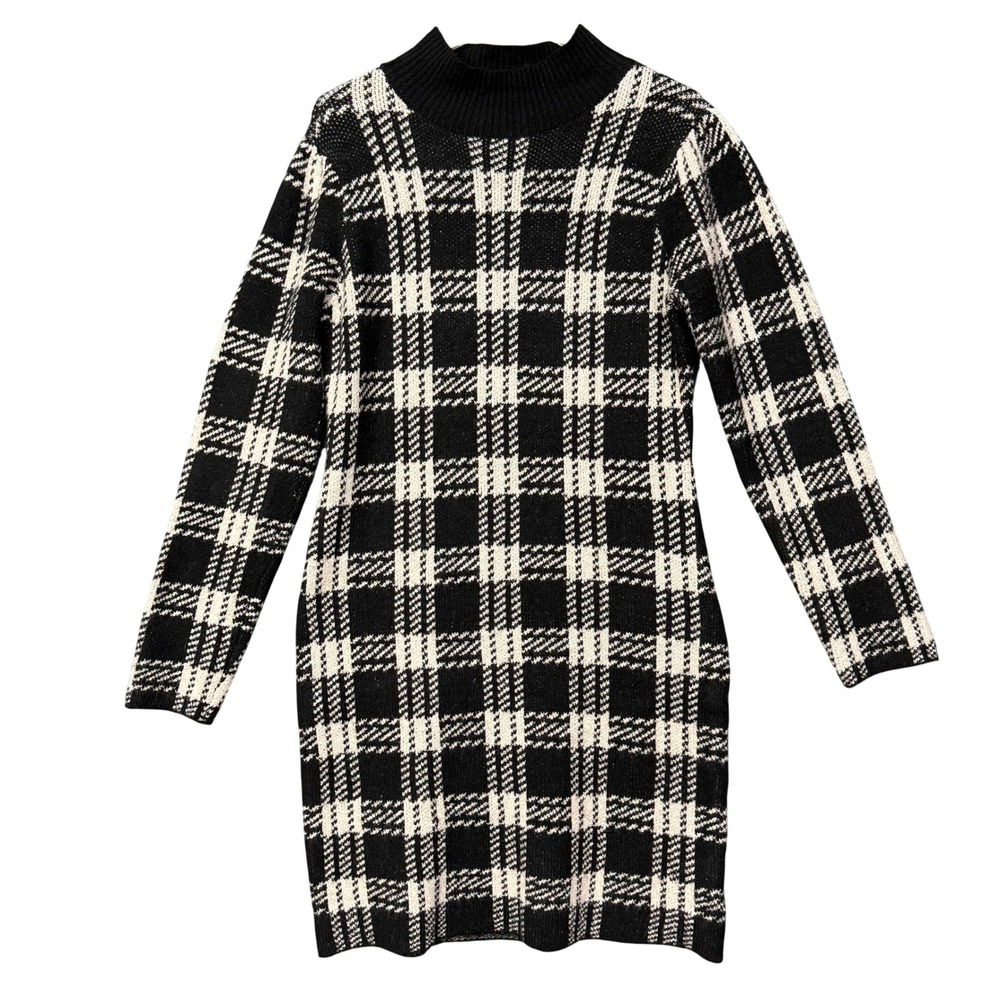 Pink Rose Sweater Dress Women XL Black Plaid Mock Neck Long Sleeve Knit Cozy NWT